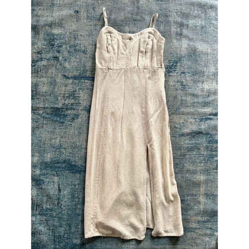 Altar'd State Ivory Beige Linen Blend Strappy Side Slit Slip Dress Medium